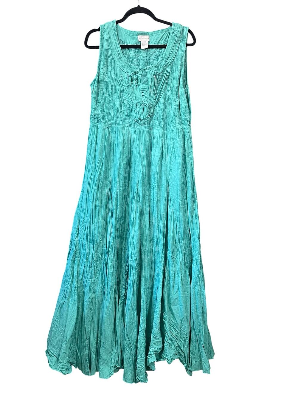 Soft Surroundings Turquoise Rosette Crinkle Tiered Maxi Dress L Cotton Fairy
